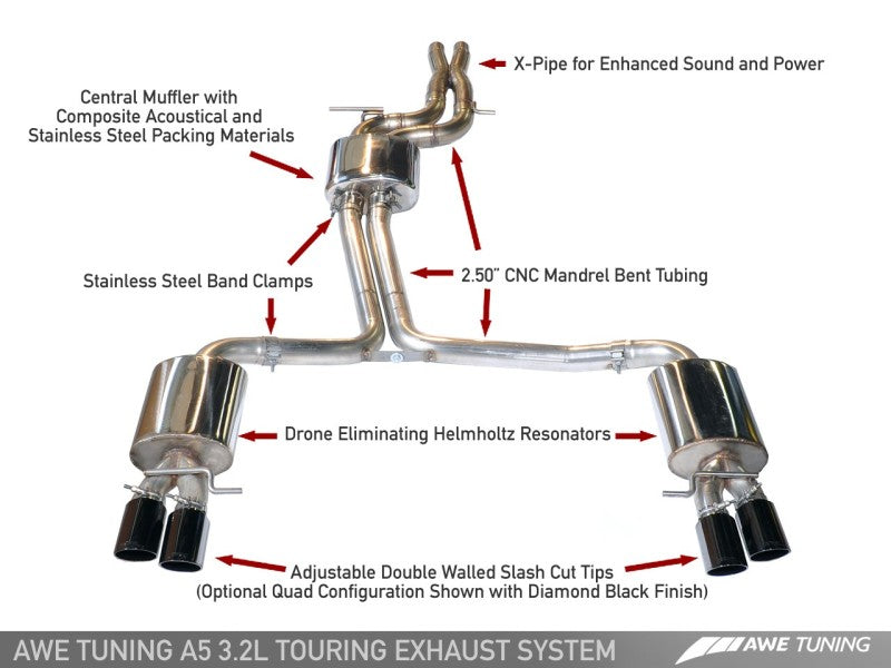 AWE Tuning Audi B8 A5 3.2L Touring Edition Exhaust System - Quad 90mm Slash Silver Tips